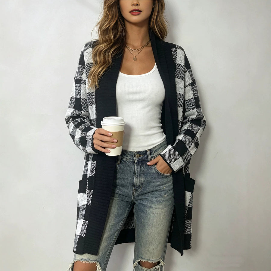 Plaid Pocket Cardigan Sweater - Plus-Size Loose-Fit Jacket