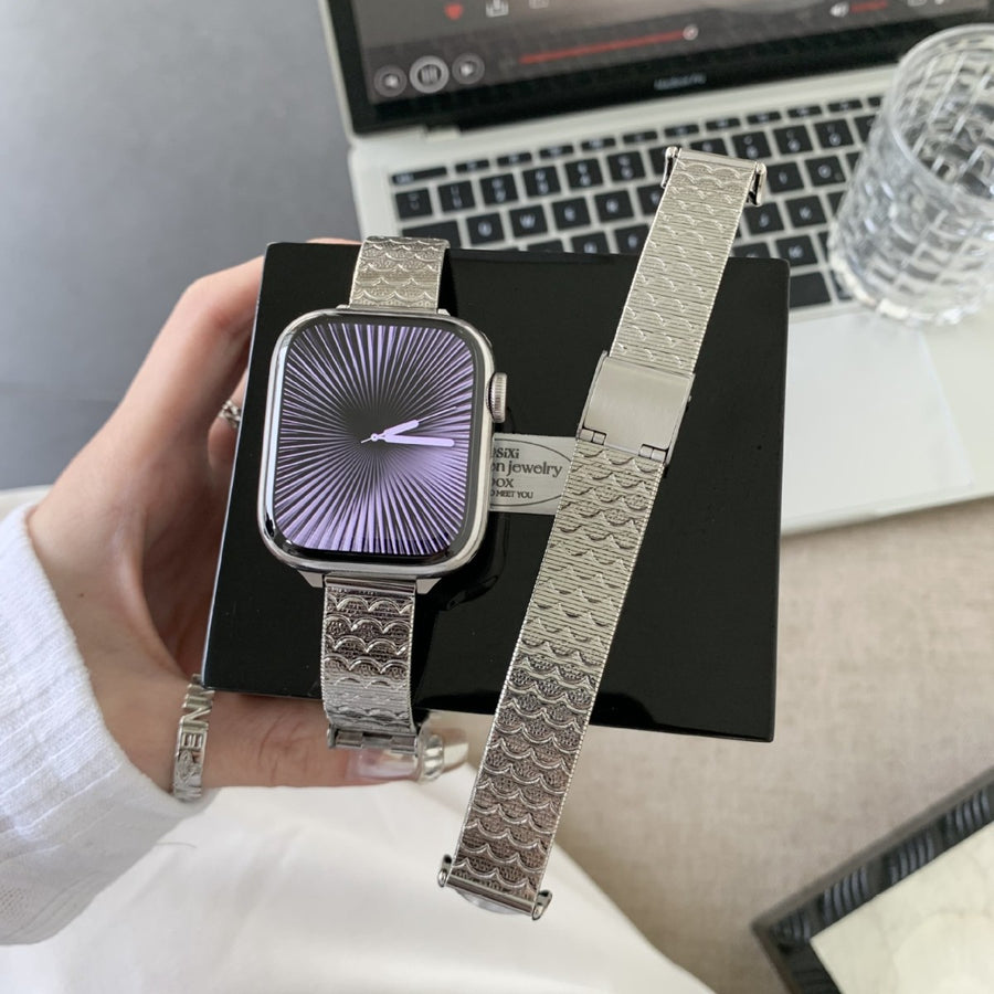 Silver Versatile Wave-pattern Stainless Steel Watch Strap