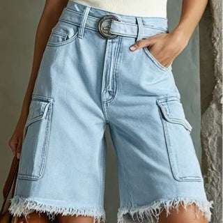 Washed Distressed Cropped Jeans with Raw Edges for Women