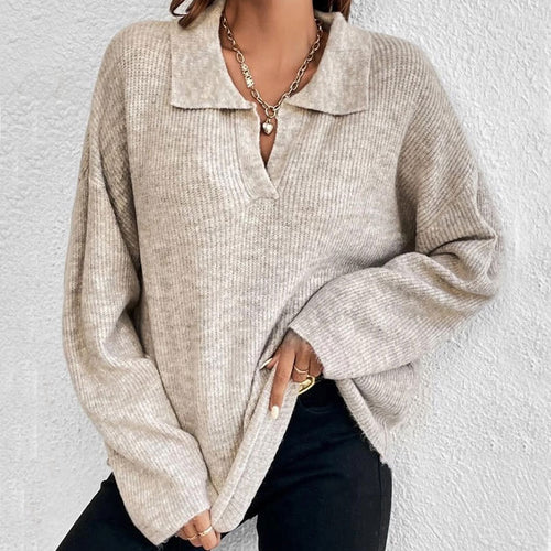 Fashionable Long-Sleeve Lapel Pullover Sweater for Women