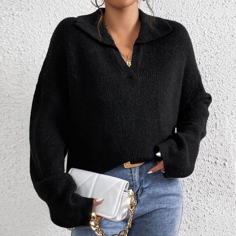 Fashionable Long-Sleeve Lapel Pullover Sweater for Women