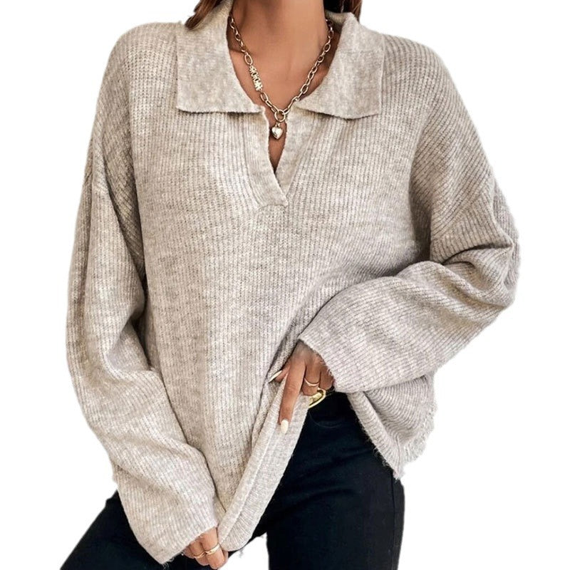 Fashionable Long-Sleeve Lapel Pullover Sweater for Women