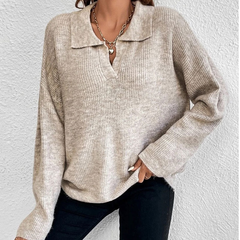 Fashionable Long-Sleeve Lapel Pullover Sweater for Women