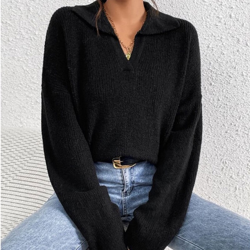 Fashionable Long-Sleeve Lapel Pullover Sweater for Women