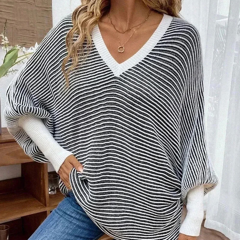 Womens Loose Striped V-Neck Batwing-Sleeve Sweater