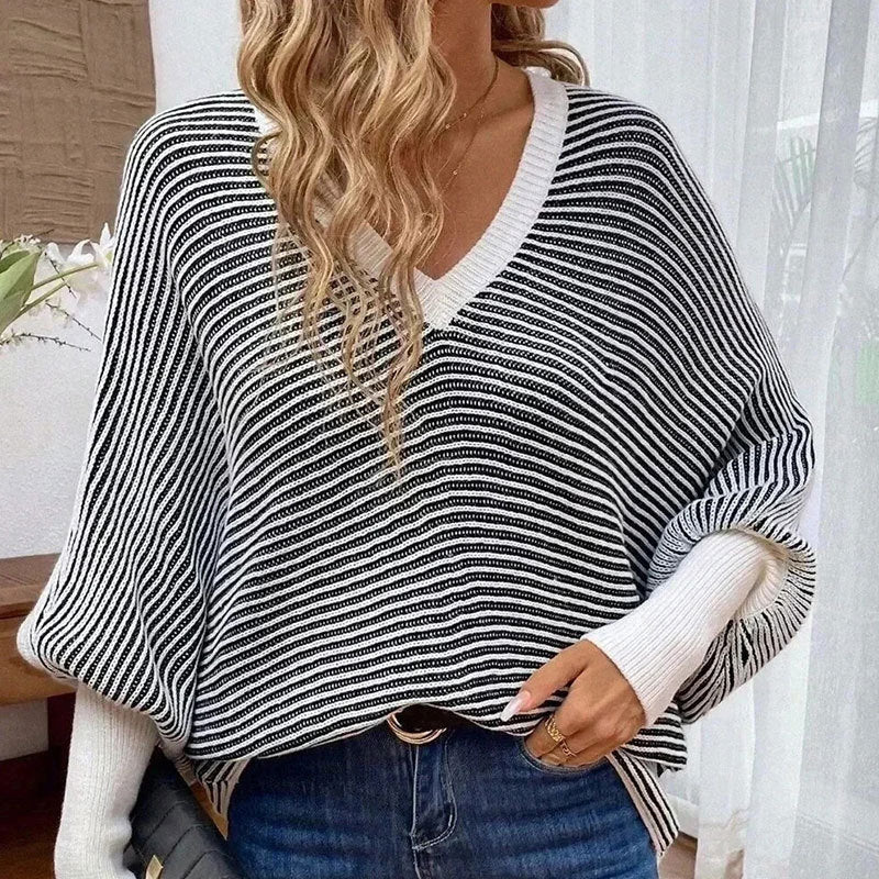Womens Loose Striped V-Neck Batwing-Sleeve Sweater
