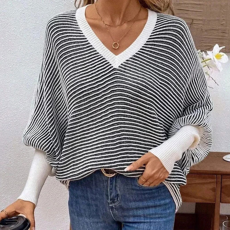 Womens Loose Striped V-Neck Batwing-Sleeve Sweater