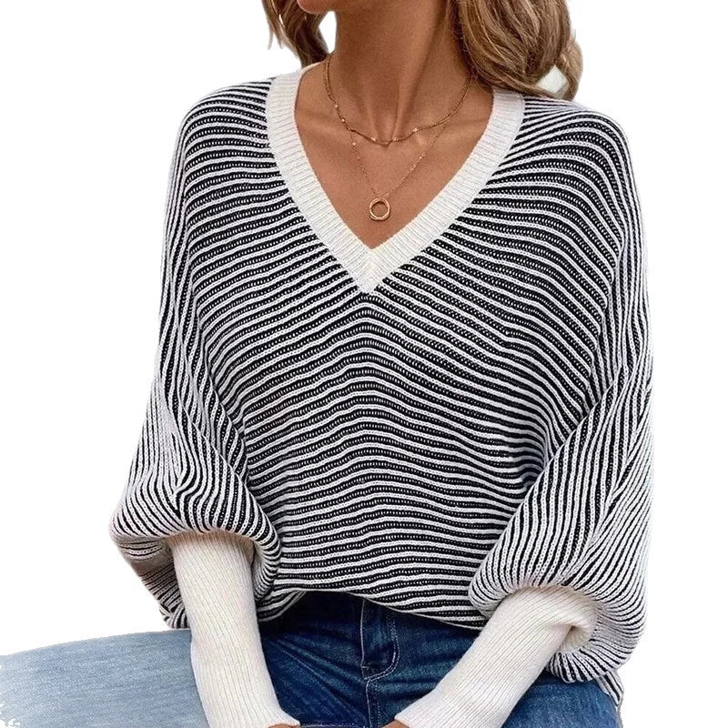 Womens Loose Striped V-Neck Batwing-Sleeve Sweater