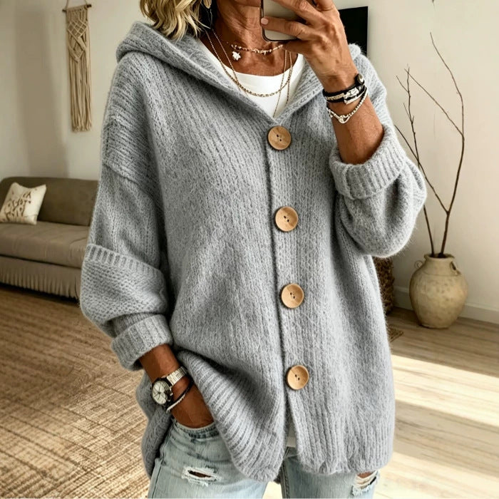 Womens Casual Solid-Color Buttoned Hooded Sweater