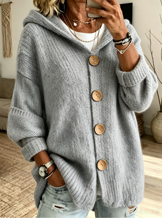 Womens Casual Solid-Color Buttoned Hooded Sweater
