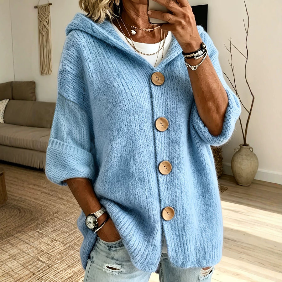 Womens Casual Solid-Color Buttoned Hooded Sweater