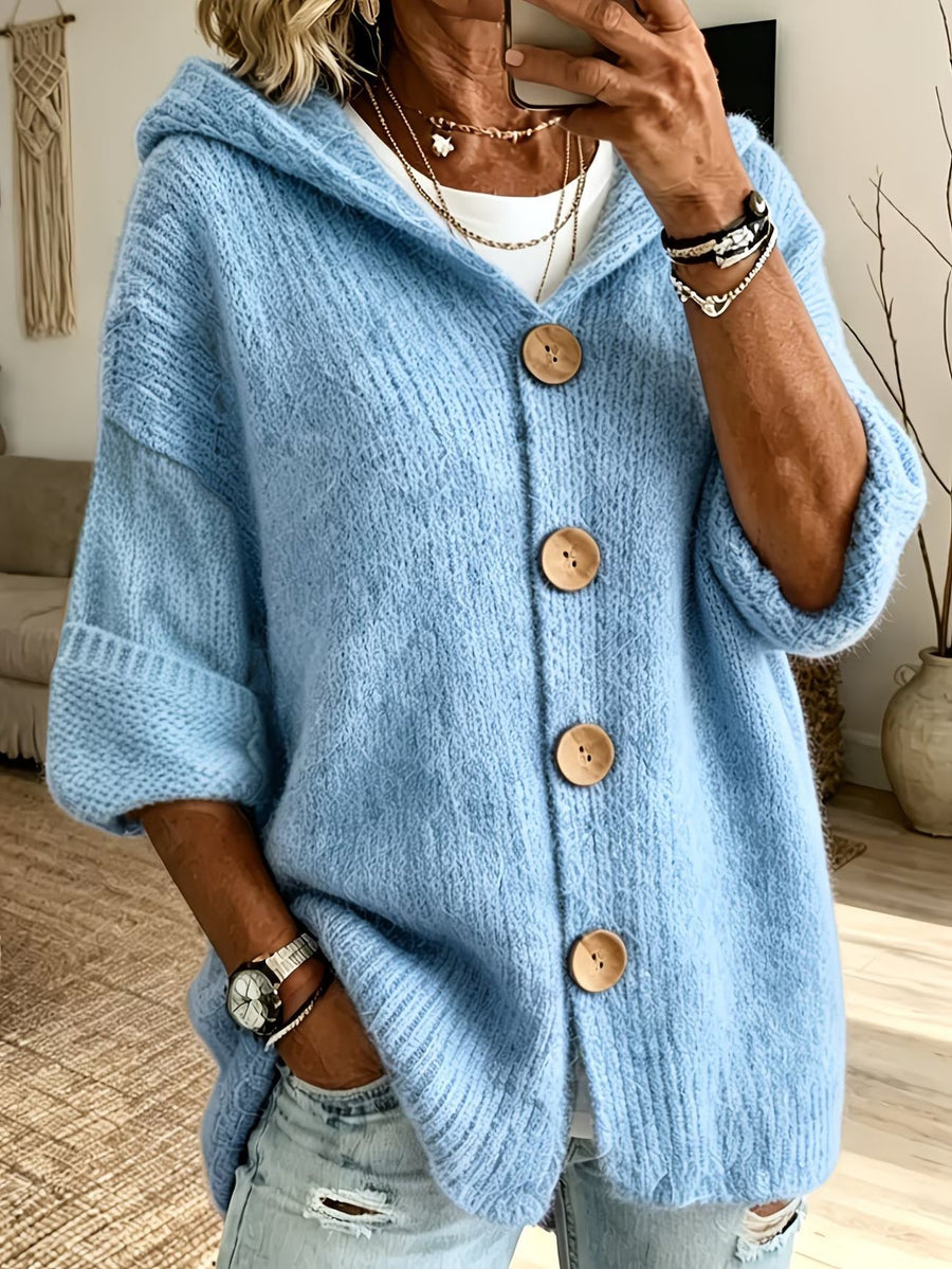 Womens Casual Solid-Color Buttoned Hooded Sweater