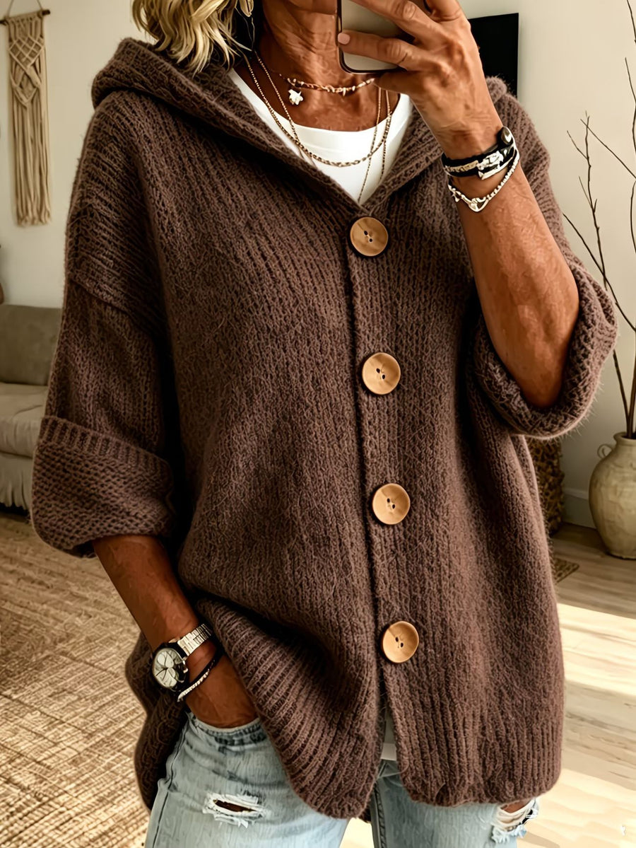 Womens Casual Solid-Color Buttoned Hooded Sweater