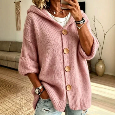 Womens Casual Solid-Color Buttoned Hooded Sweater
