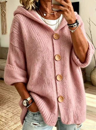 Womens Casual Solid-Color Buttoned Hooded Sweater
