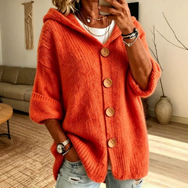 Womens Casual Solid-Color Buttoned Hooded Sweater