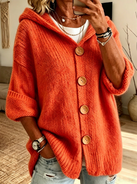 Womens Casual Solid-Color Buttoned Hooded Sweater