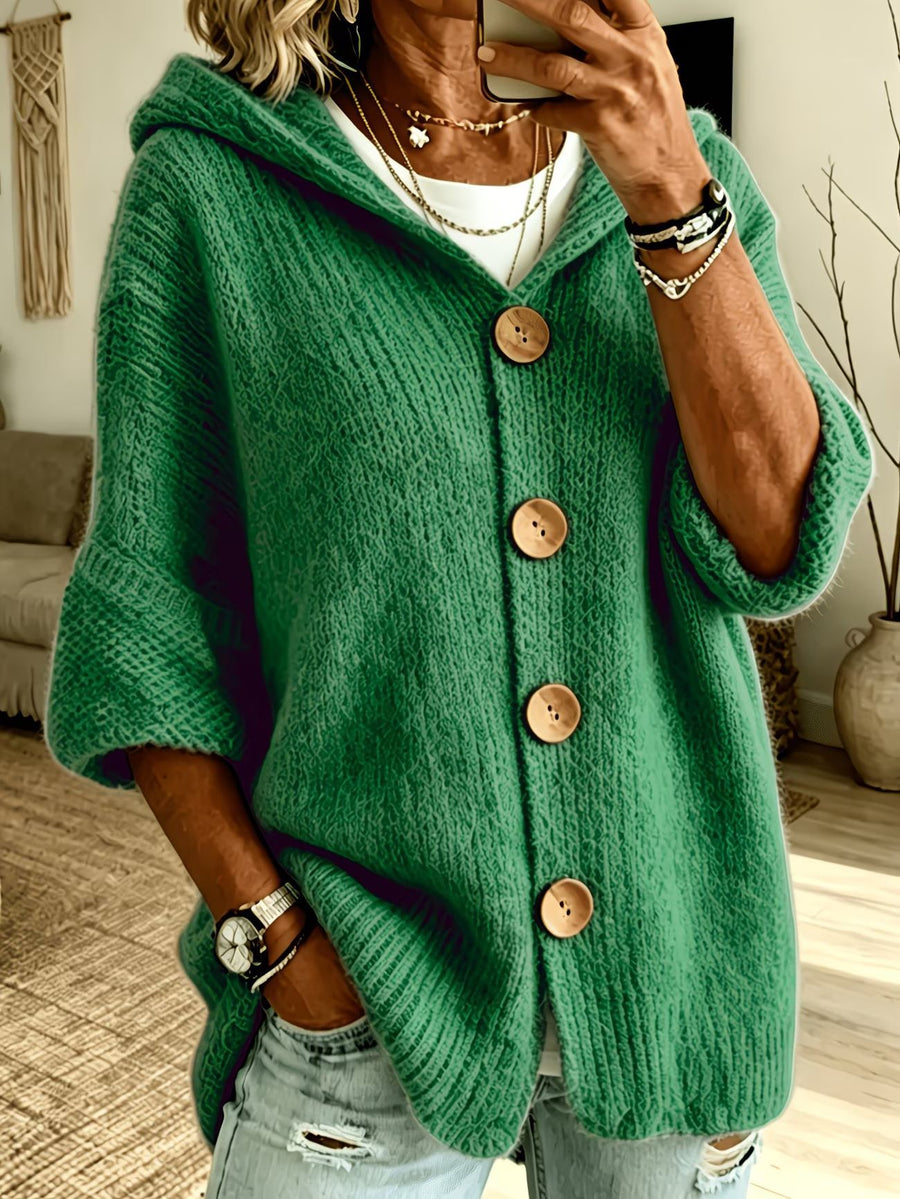 Womens Casual Solid-Color Buttoned Hooded Sweater