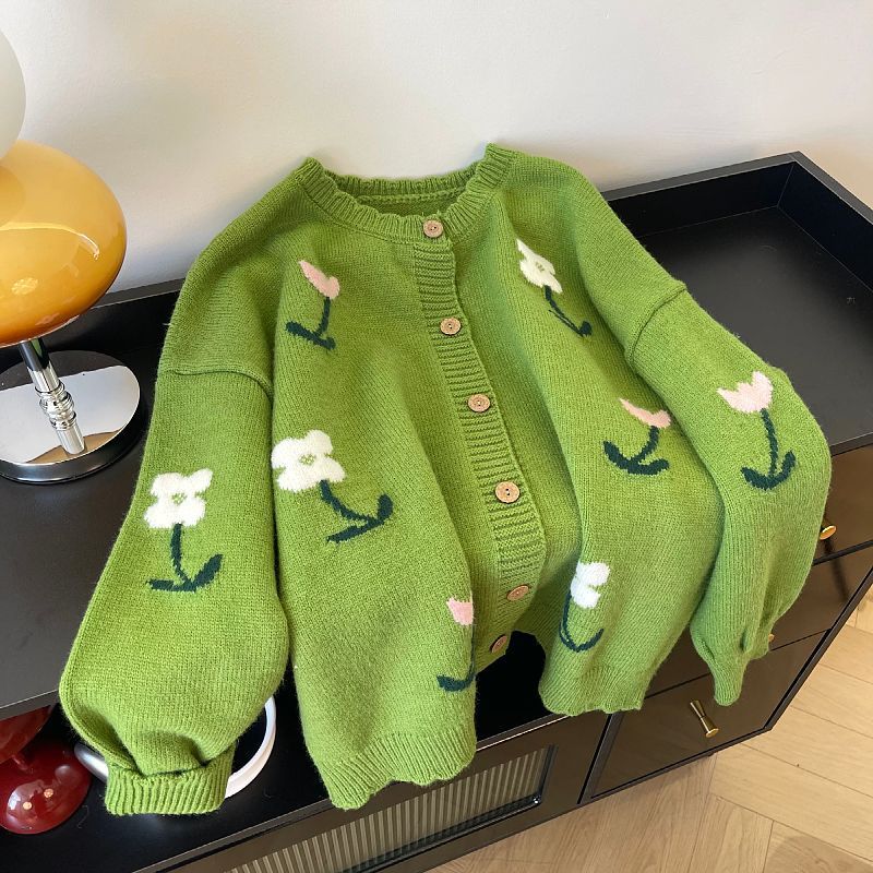 Womens Green Floral Sweater Coat - Cozy Knitted Cardigan