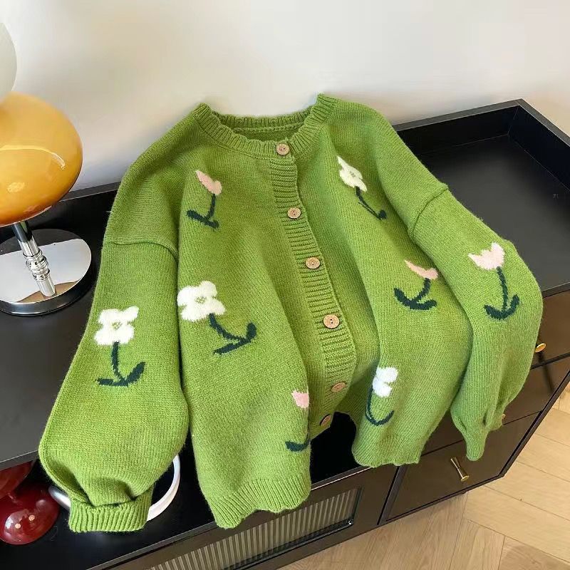Womens Green Floral Sweater Coat - Cozy Knitted Cardigan