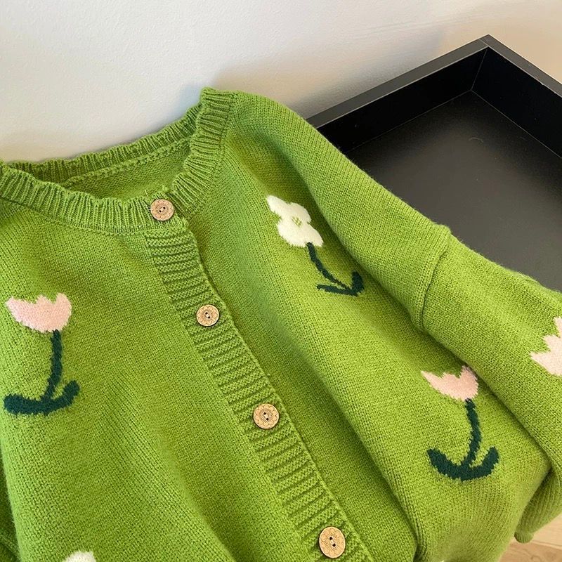 Womens Green Floral Sweater Coat - Cozy Knitted Cardigan