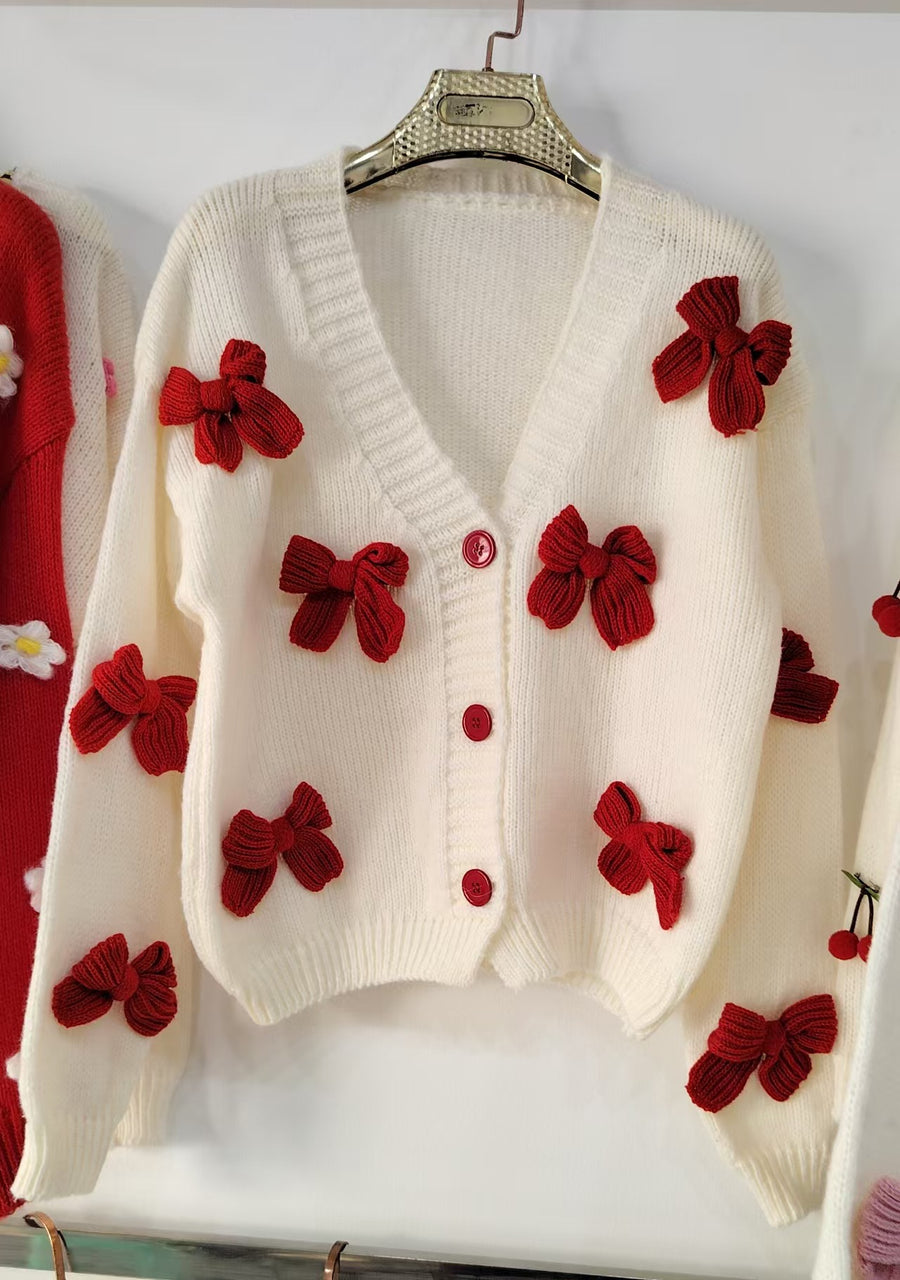 Three-Dimensional Bow Cardigan Sweater Short Style