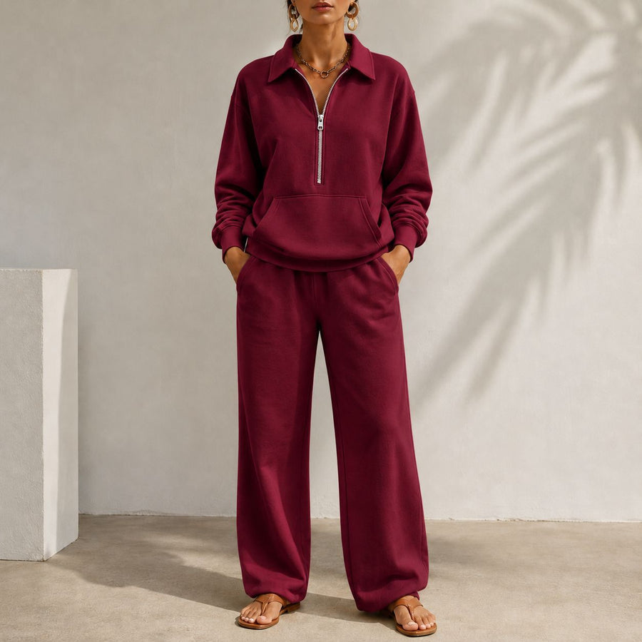 V-neck Patch-pocket Sweatshirt & Casual Wide-leg Trousers Set