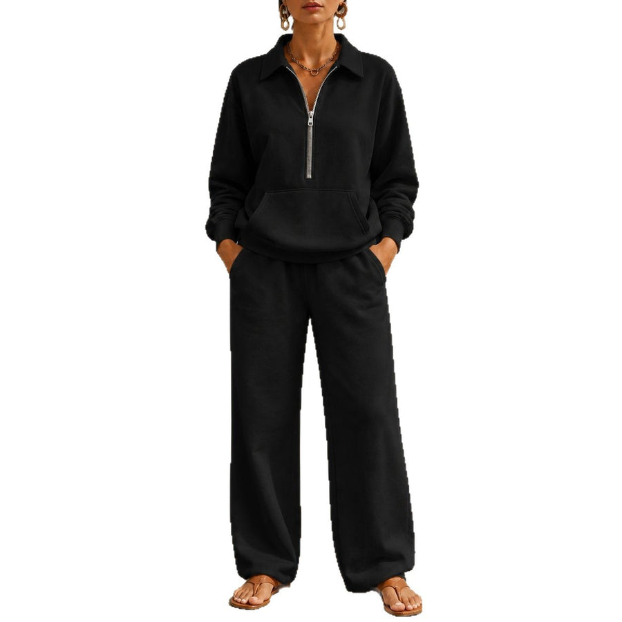 V-neck Patch-pocket Sweatshirt & Casual Wide-leg Trousers Set