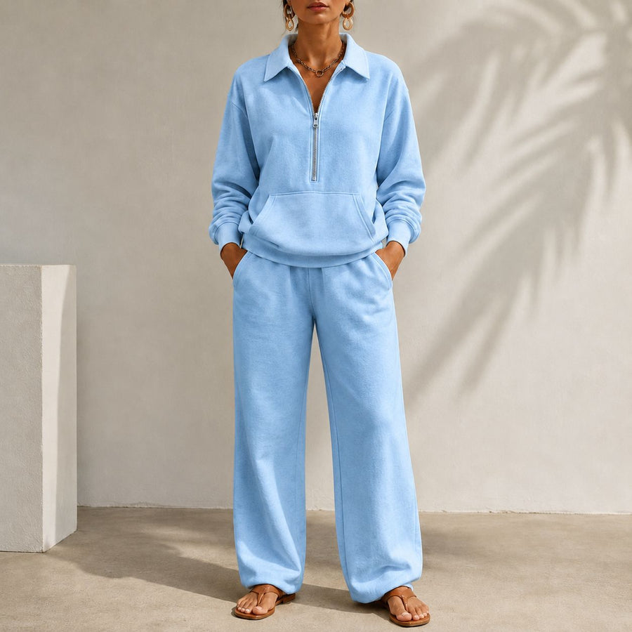 V-neck Patch-pocket Sweatshirt & Casual Wide-leg Trousers Set