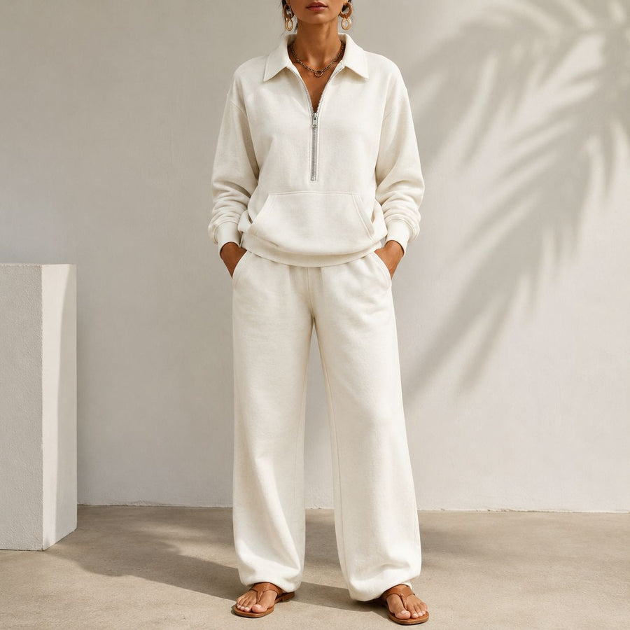 V-neck Patch-pocket Sweatshirt & Casual Wide-leg Trousers Set