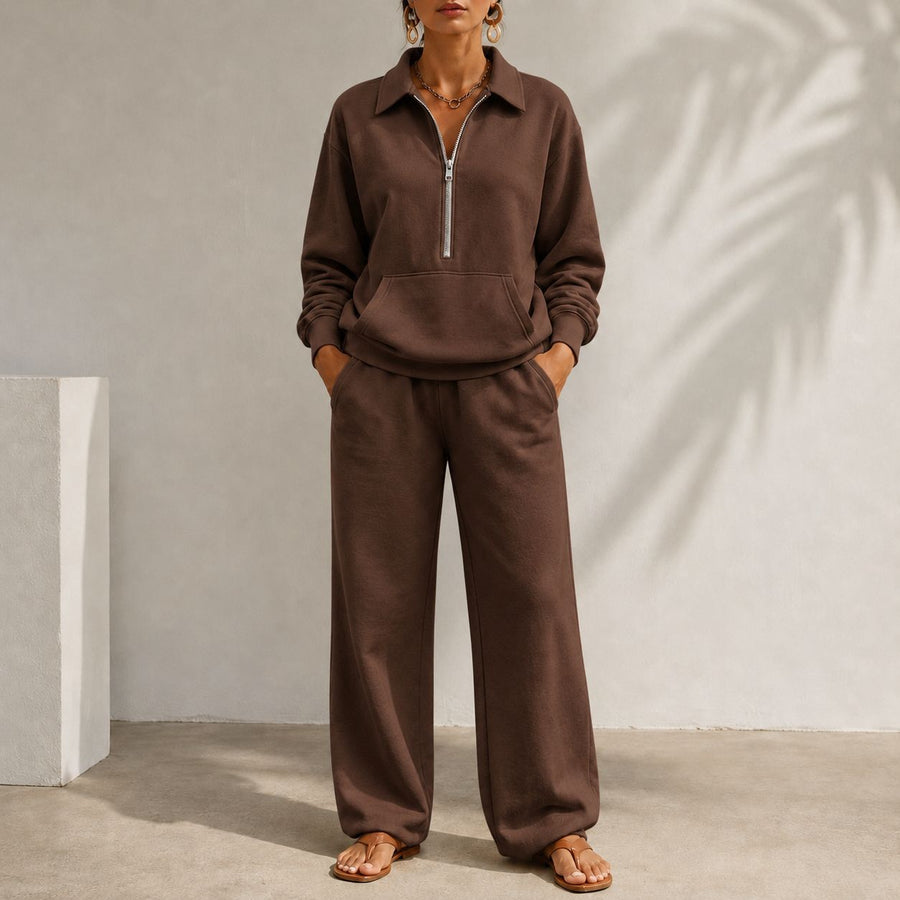 V-neck Patch-pocket Sweatshirt & Casual Wide-leg Trousers Set