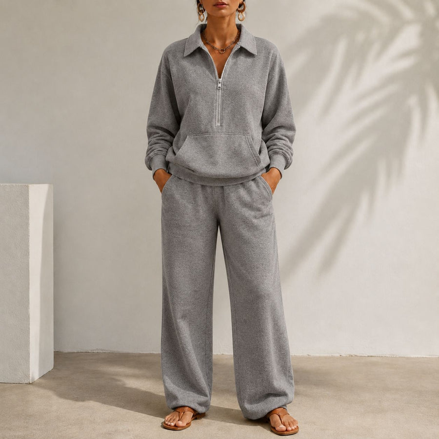 V-neck Patch-pocket Sweatshirt & Casual Wide-leg Trousers Set