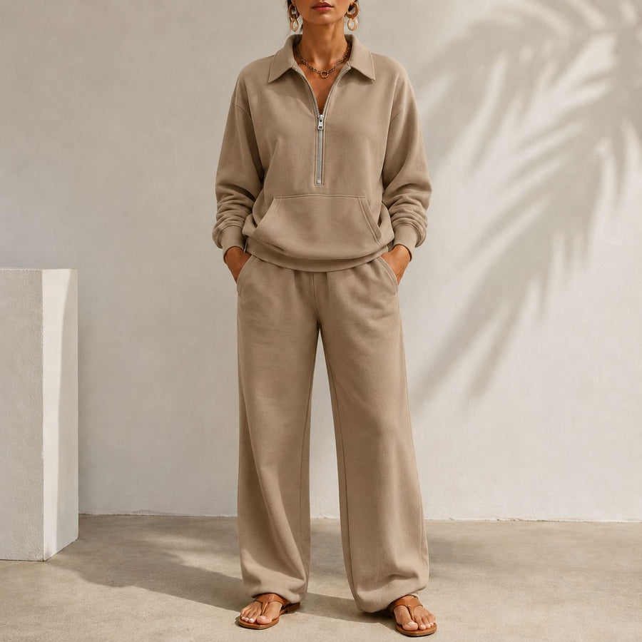 V-neck Patch-pocket Sweatshirt & Casual Wide-leg Trousers Set
