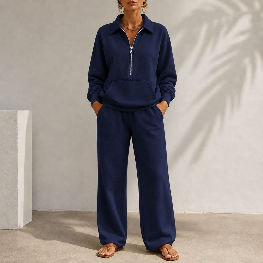 V-neck Patch-pocket Sweatshirt & Casual Wide-leg Trousers Set