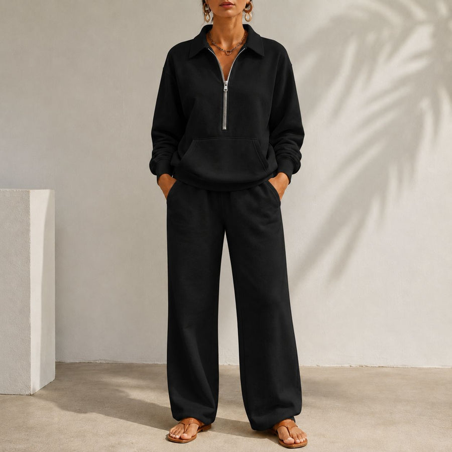 V-neck Patch-pocket Sweatshirt & Casual Wide-leg Trousers Set