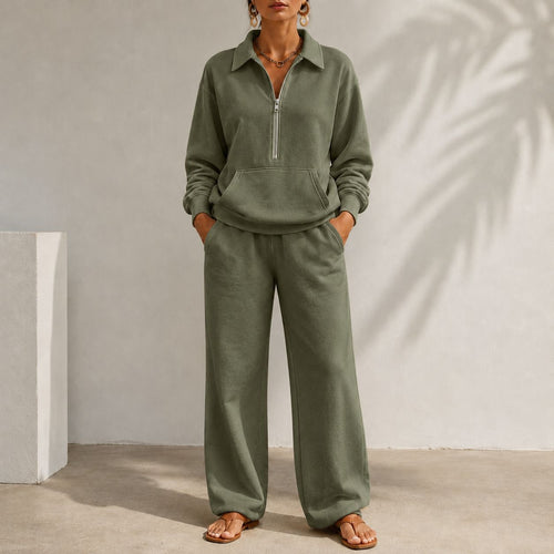 V-neck Patch-pocket Sweatshirt & Casual Wide-leg Trousers Set