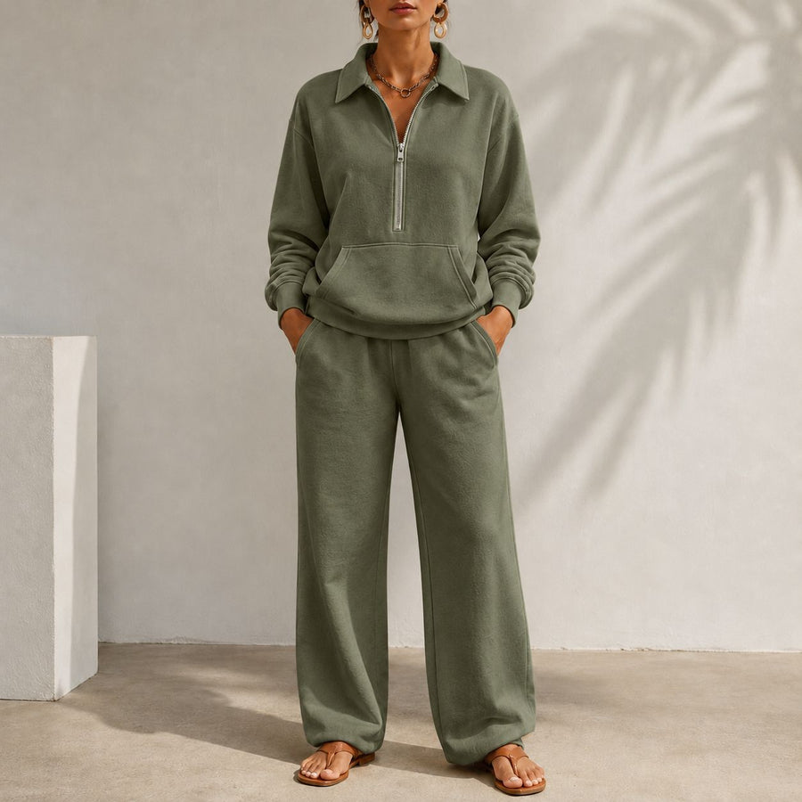 V-neck Patch-pocket Sweatshirt & Casual Wide-leg Trousers Set