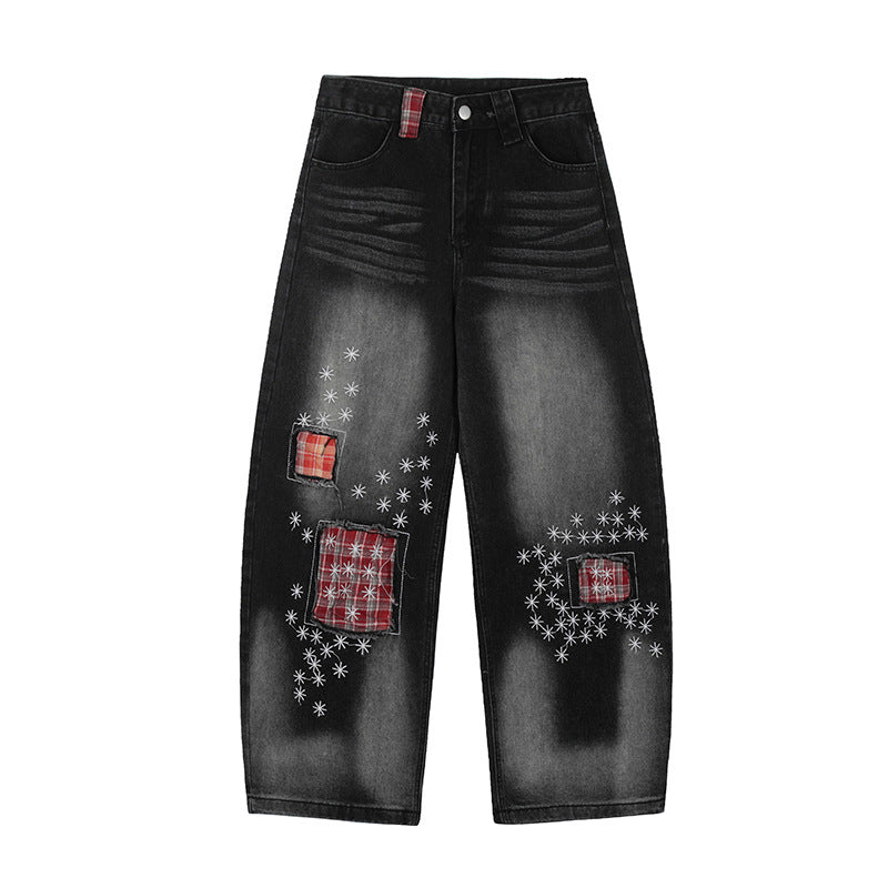 100% Cotton Washed Denim Jeans with Ripped Patches