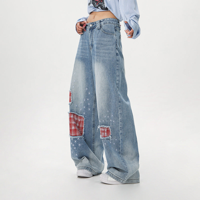100% Cotton Washed Denim Jeans with Ripped Patches