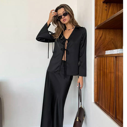 Chic V-neck Tied Top and Long Skirt Two Piece Set