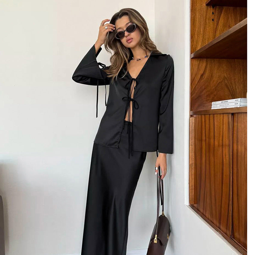 Chic V-neck Tied Top and Long Skirt Two Piece Set