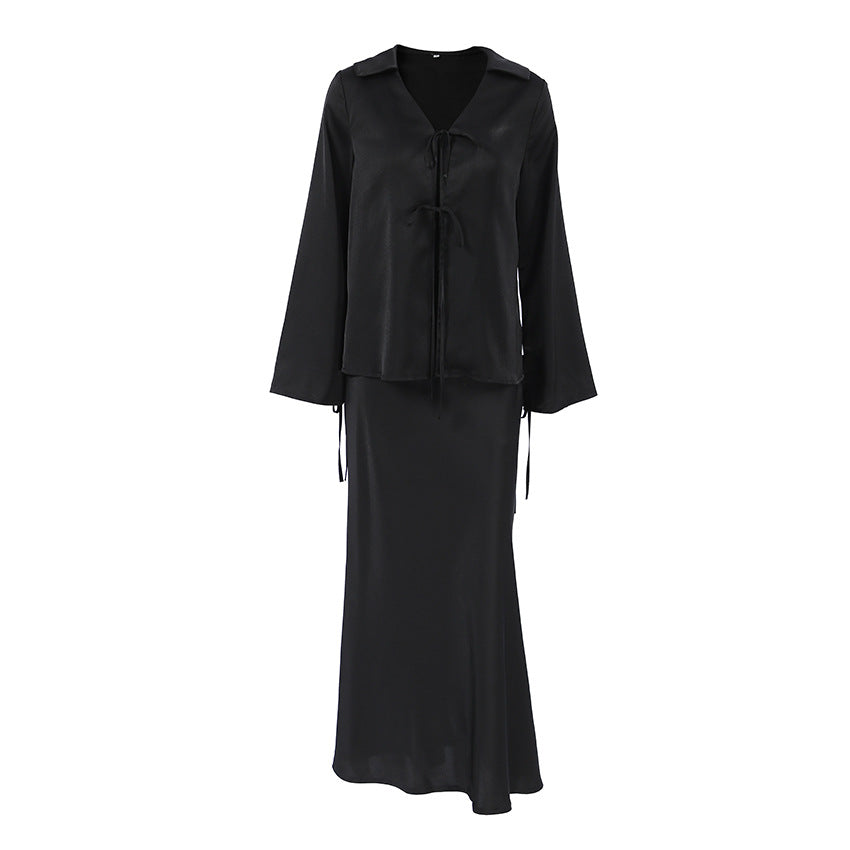 Chic V-neck Tied Top and Long Skirt Two Piece Set