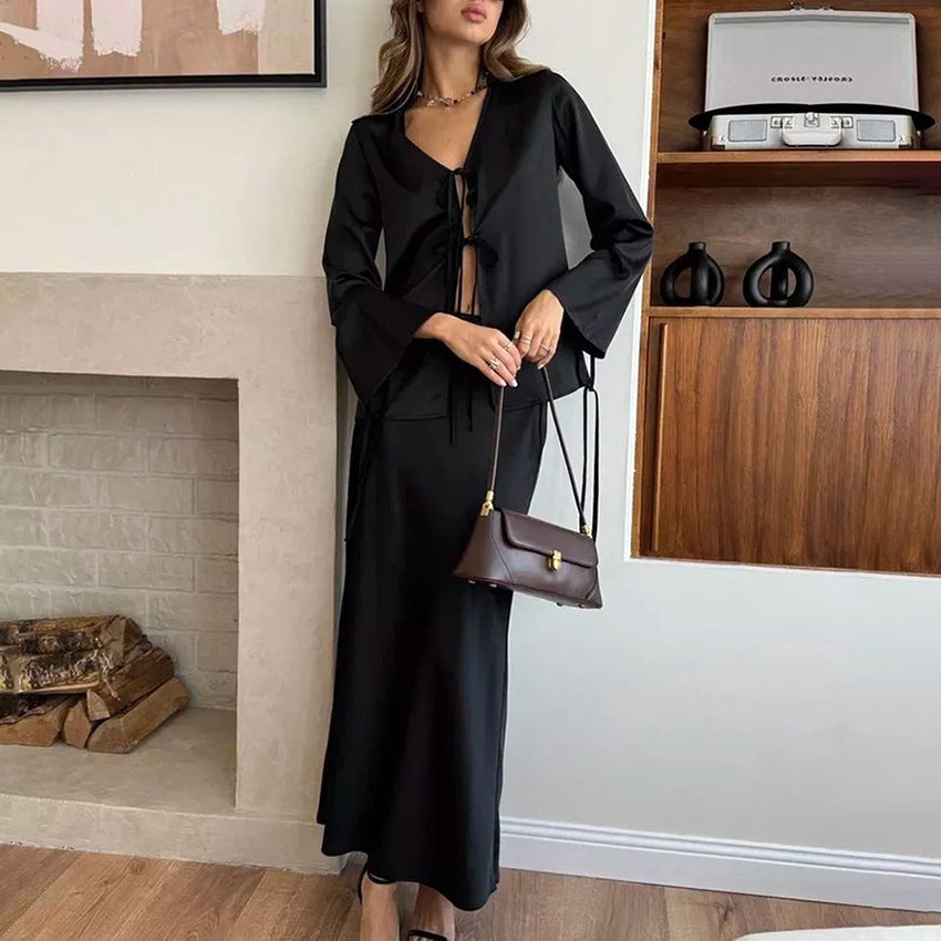 Chic V-neck Tied Top and Long Skirt Two Piece Set