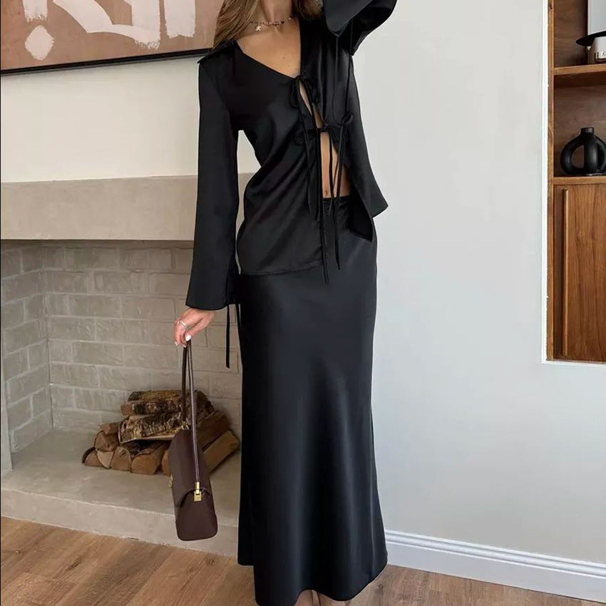 Chic V-neck Tied Top and Long Skirt Two Piece Set