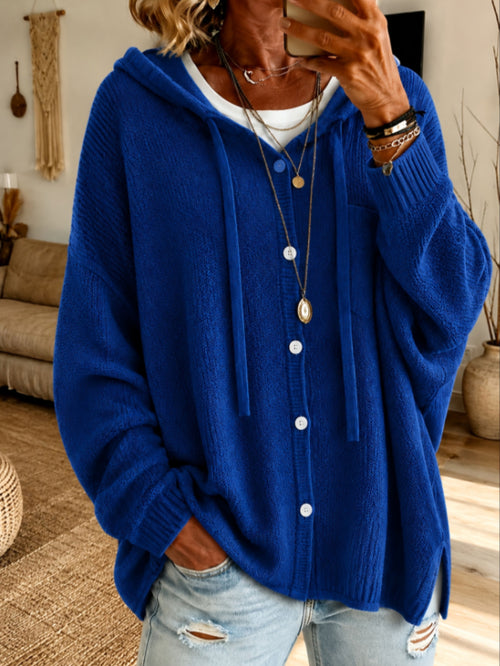 Women's Button-down Knit Hooded Drawstring Sweater
