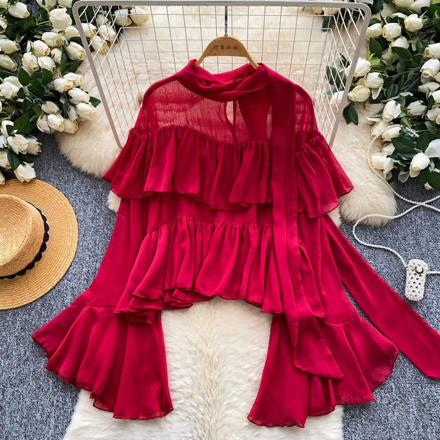French-style Soft-chic Ruffled Chiffon Blouse for Elegance