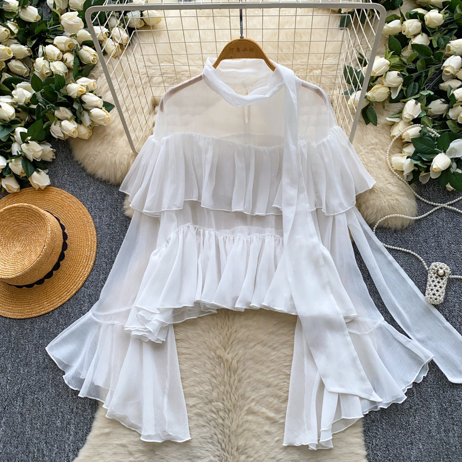 French-style Soft-chic Ruffled Chiffon Blouse for Elegance