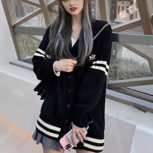 Korean-style V-neck Color-block Striped Elegant Sweater