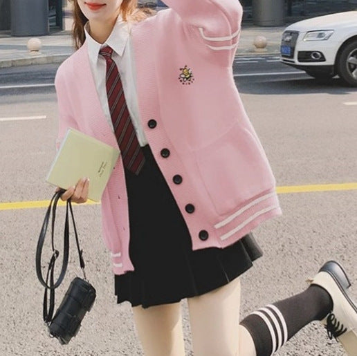 Korean-style V-neck Color-block Striped Elegant Sweater