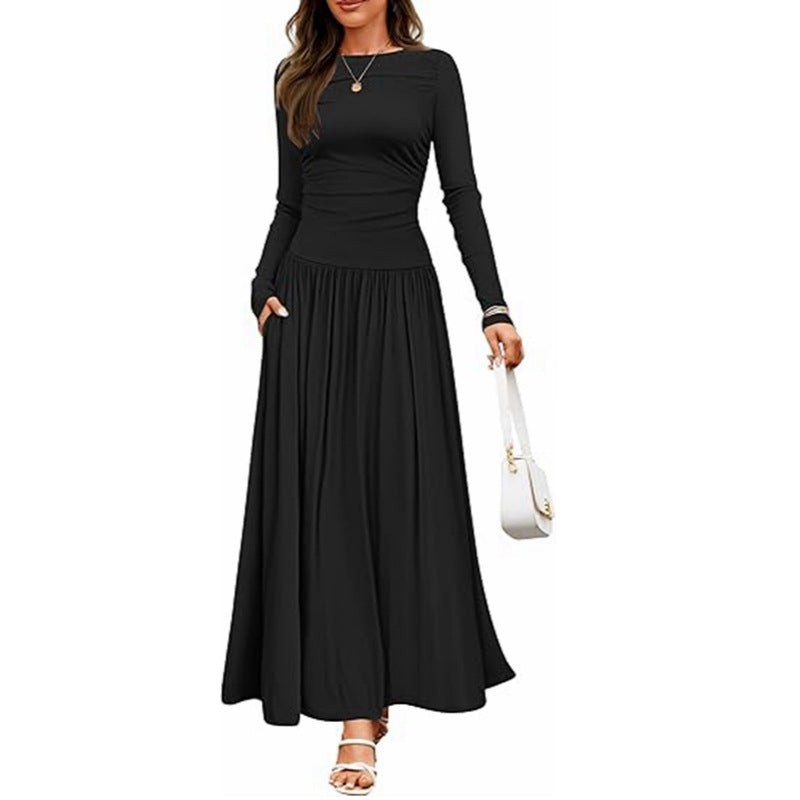 Womens Solid-Color Crew-Neck Pleated Long-Sleeve Dress